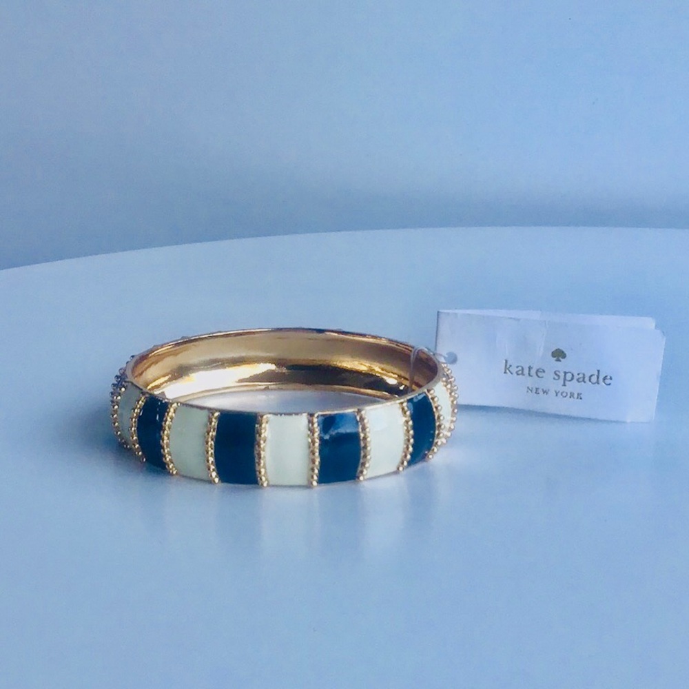 Kate Spade Gold, white ivory and Navy Striped beaded Bracelet chunky bangle